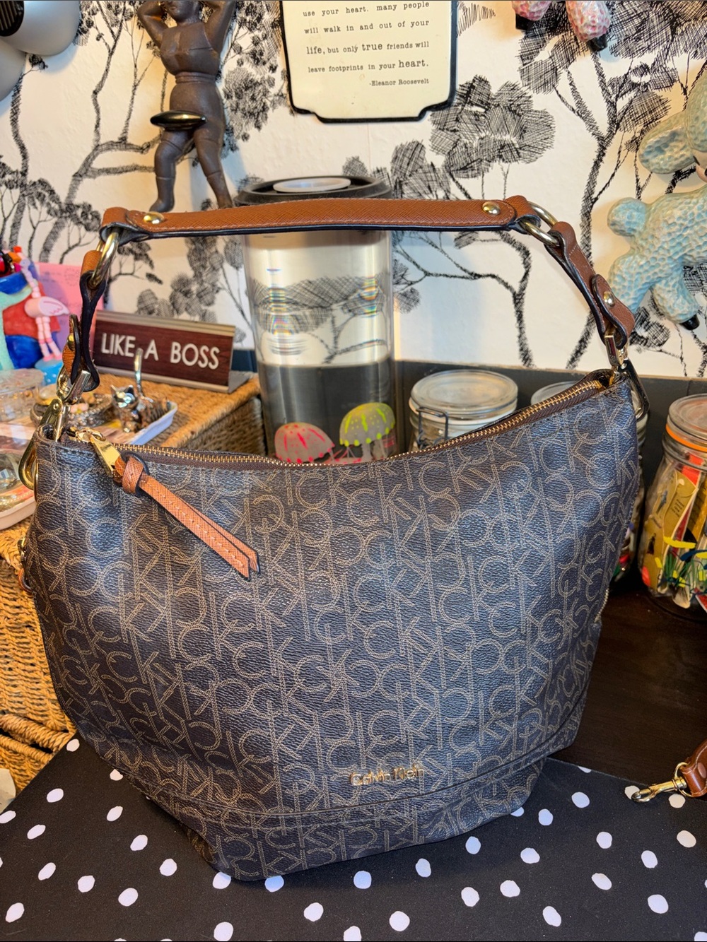 EUC Calvin Klein brown monogram hobo shoulder bag featuring brown faux-leather t